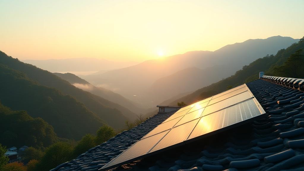 Solar panels on a rooftop overlooking a serene Japanese landscape