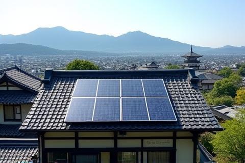 Solar panels neatly installed on a traditional Japanese house rooftop against a backdrop of Kyoto's cityscape