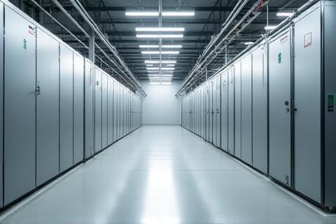Rows of large, modern battery storage units inside a clean, well-lit commercial building in Osaka