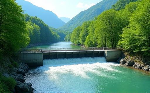 Small run-of-river hydropower dam structure next to a clear mountain river in Japan